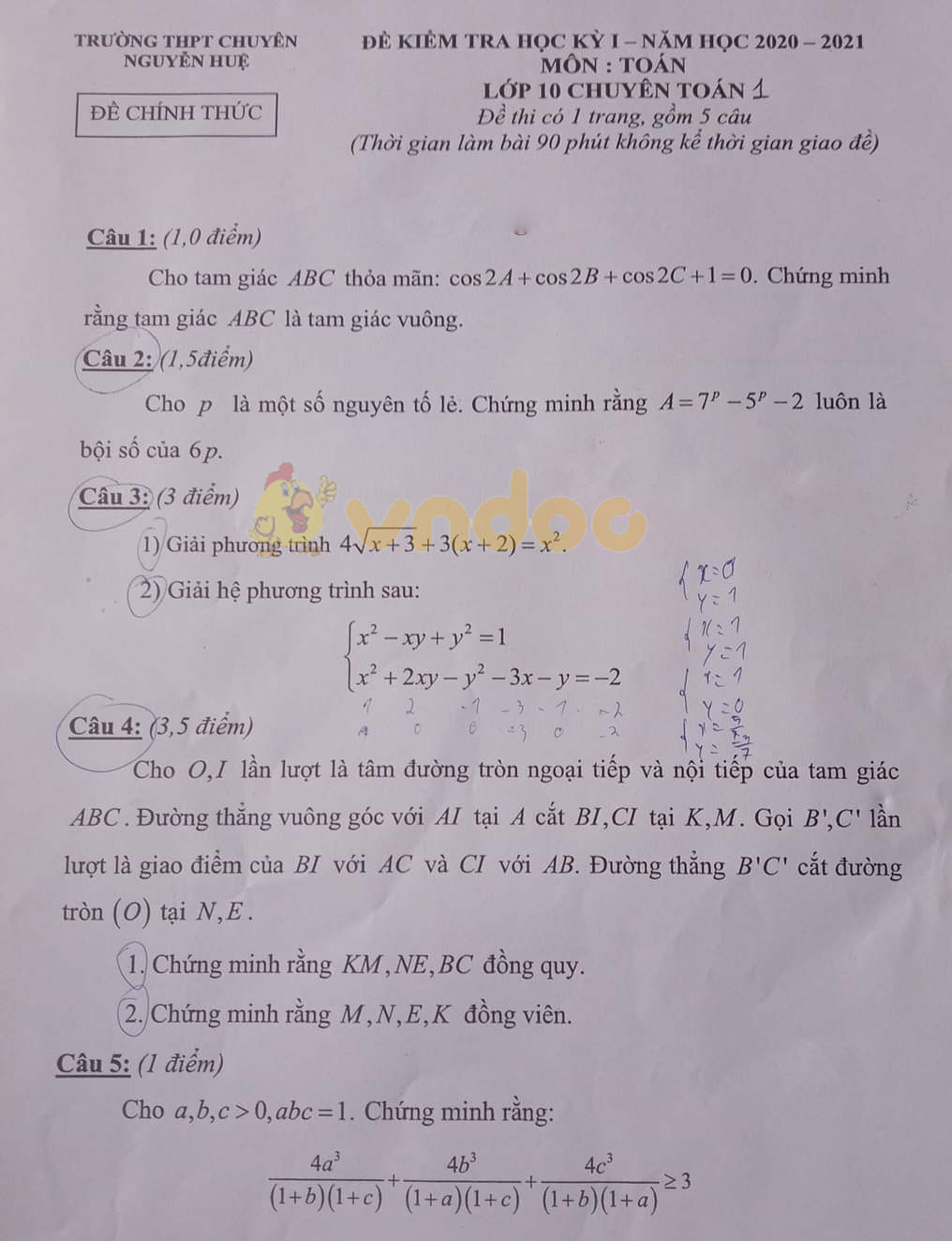 Đề thi học kì 1 Toán 10 Trường THPT chuyên Nguyễn Huệ, Hà Nội năm 2020 - 2021