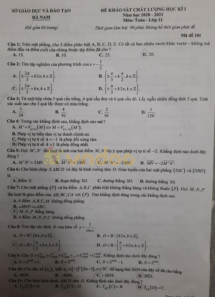 Đề thi học kì 1 Toán 11 Sở GD&ĐT Hà Nam năm 2020 - 2021