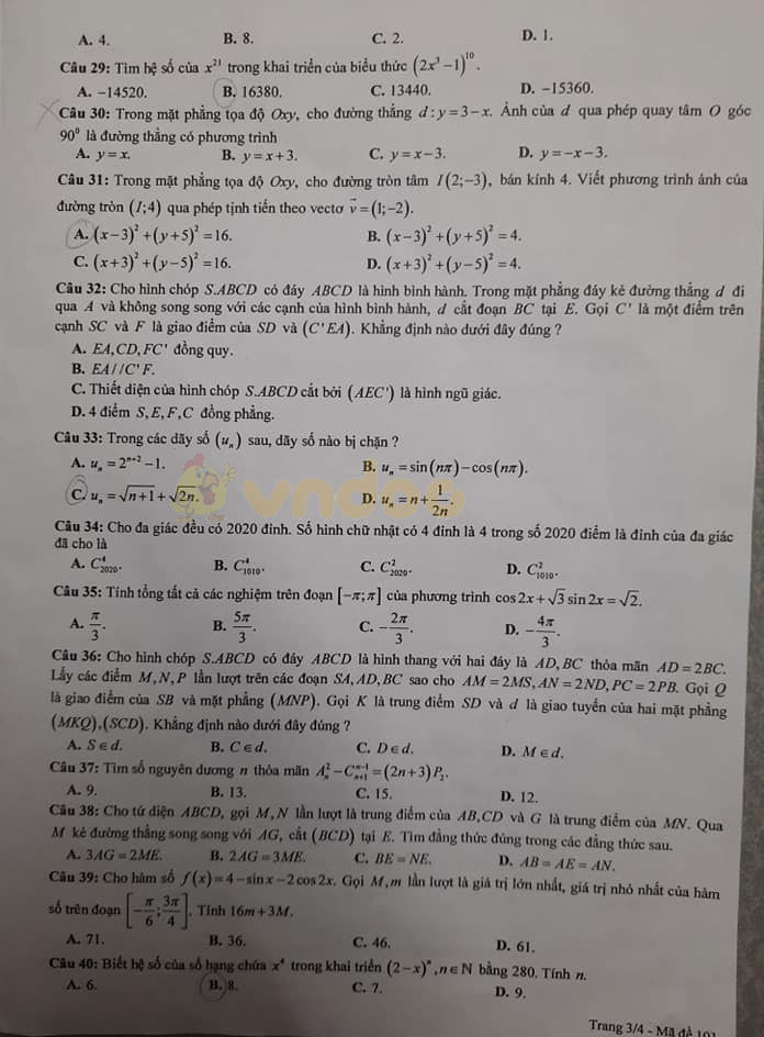 Đề thi học kì 1 Toán 11 Sở GD&ĐT Hà Nam năm 2020 - 2021