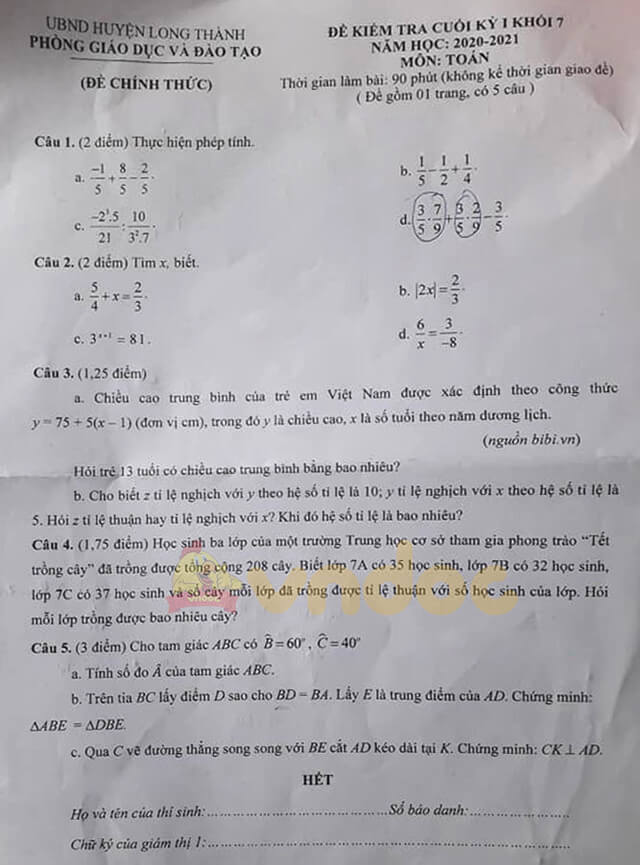 Đề thi học kì 1 lớp 7 môn Toán