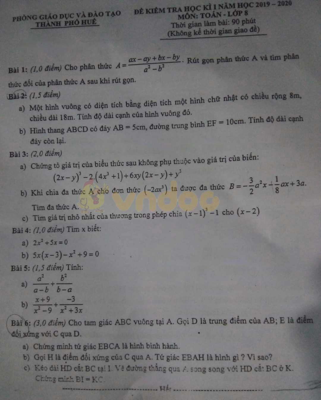 Đề thi học kì 1 Toán 8 Phòng GD&ĐT TP Huế năm 2020 - 2021