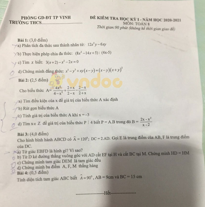 Đề thi học kì 1 Toán 8 Phòng GD&ĐT TP Vinh năm 2020 - 2021