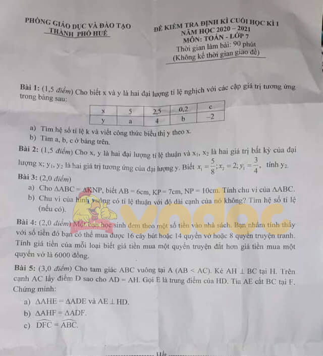 Đề thi học kì 1 lớp 7 môn Toán