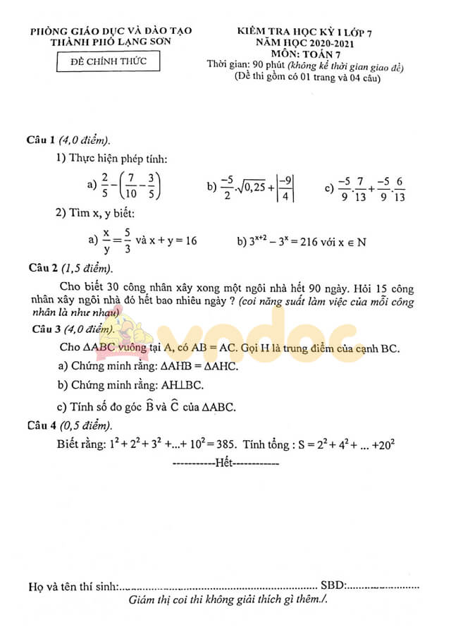 Đề thi học kì 1 lớp 7 môn Toán