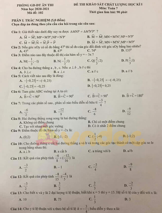 Đề thi học kì 1 lớp 7 môn Toán