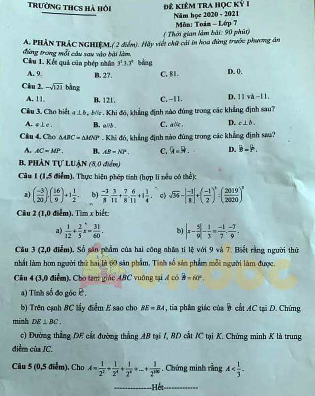 Đề thi học kì 1 lớp 7 môn Toán