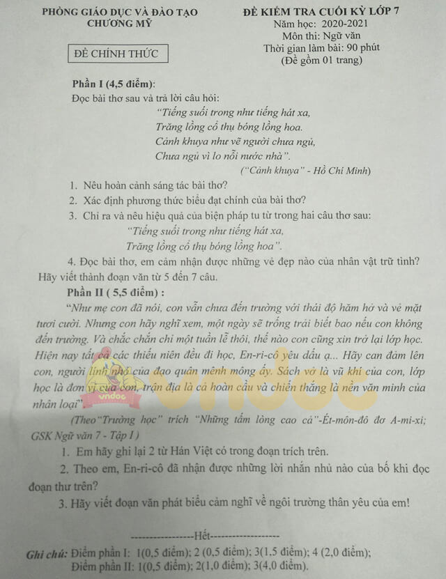 Đề thi học kì 1 Ngữ văn 7 năm 2020
