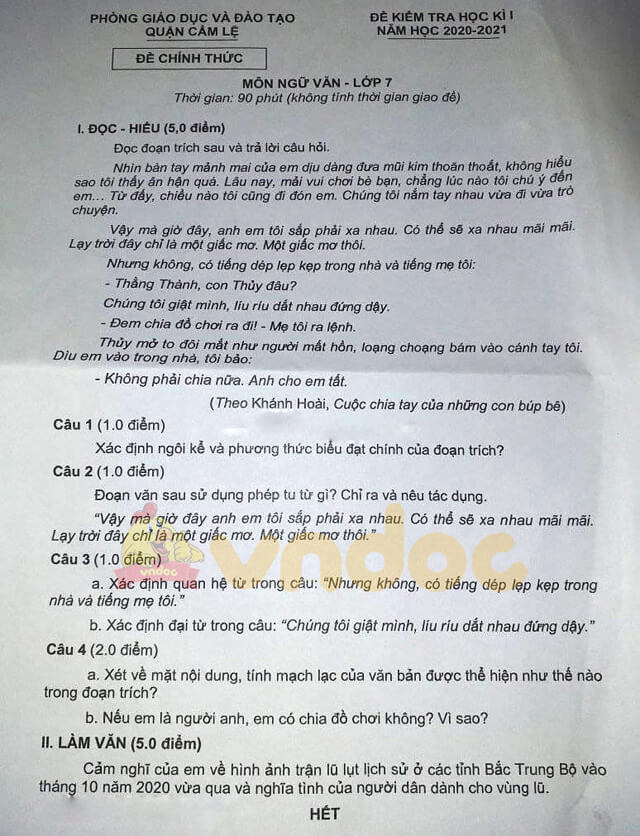 Đề thi học kì 1 Ngữ văn 7 năm 2020