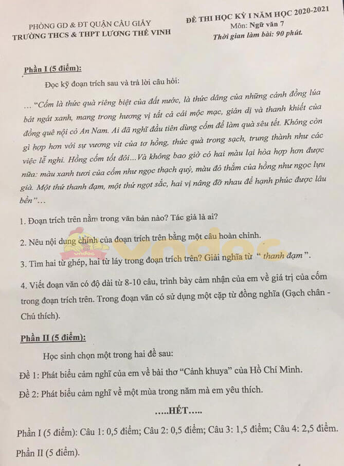 Đề thi học kì 1 Ngữ văn 7 năm 2020