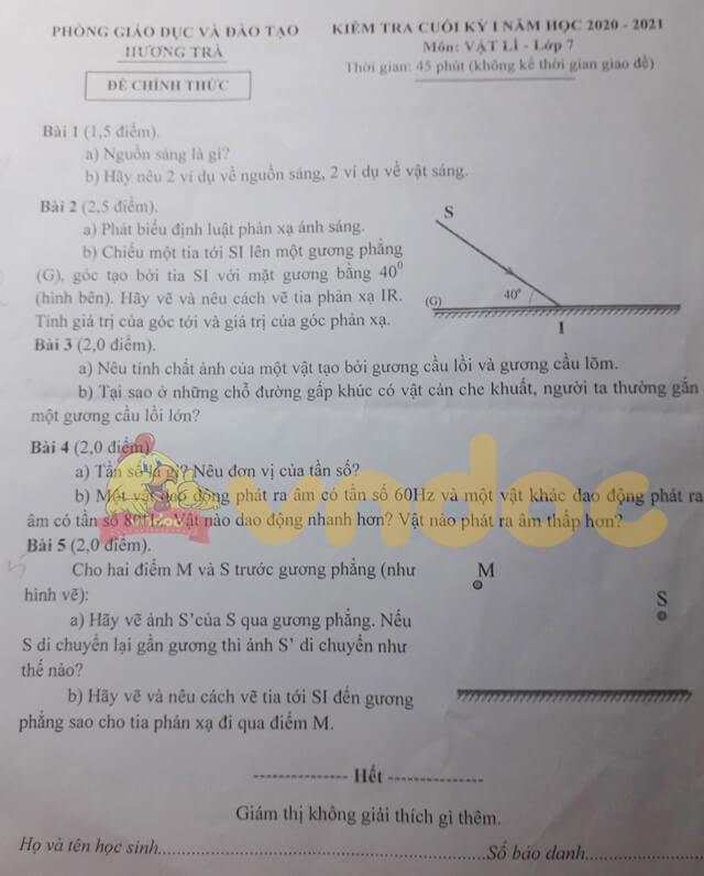 Đề thi học kì 1 Lý 7 năm 2020