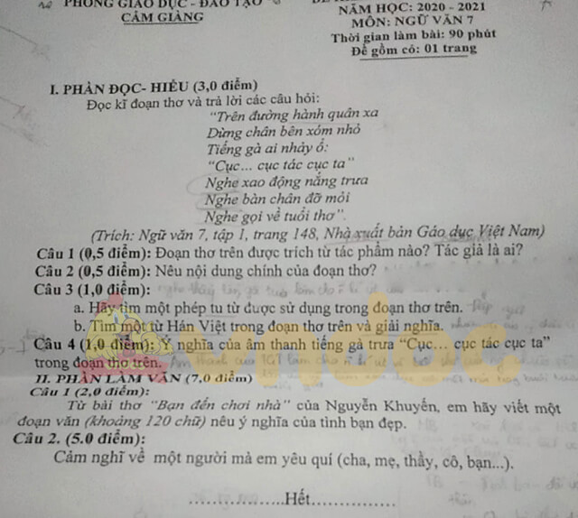 Đề thi học kì 1 Ngữ văn 7 năm 2020