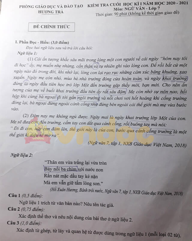 Đề thi học kì 1 Ngữ văn 7 năm 2020