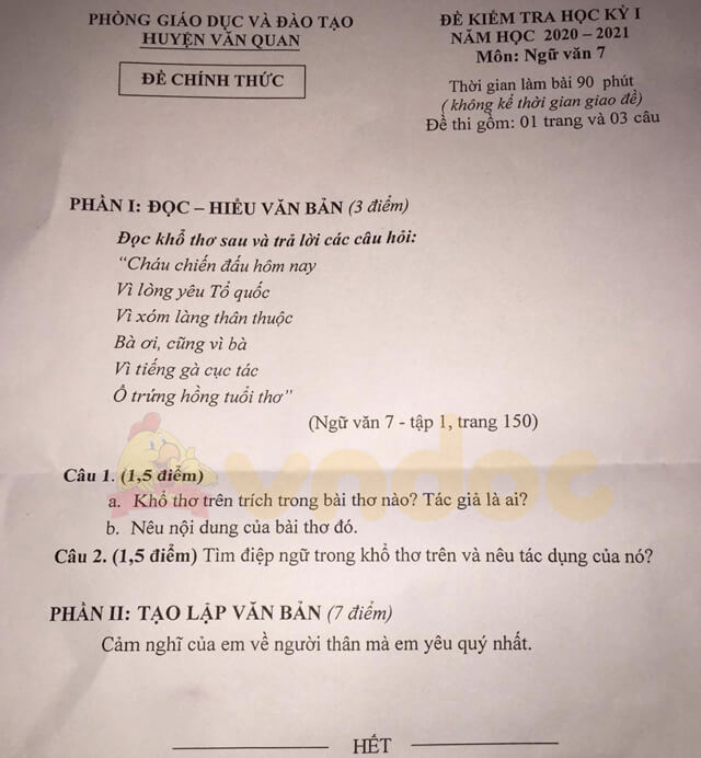 Đề thi học kì 1 Ngữ văn 7 năm 2020