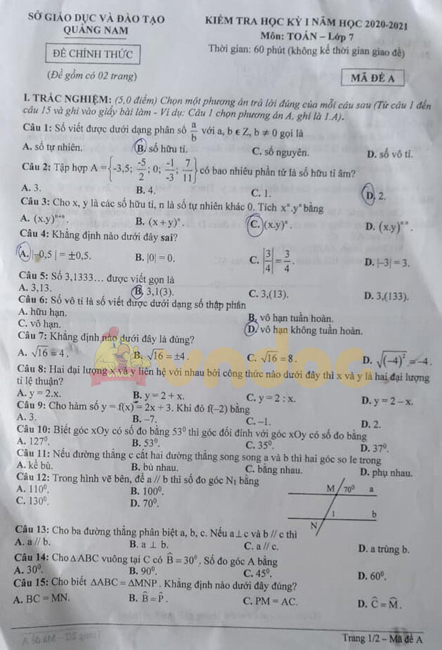 Đề thi học kì 1 lớp 7 môn Toán