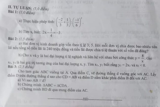 Đề thi học kì 1 Toán 7 năm 2020