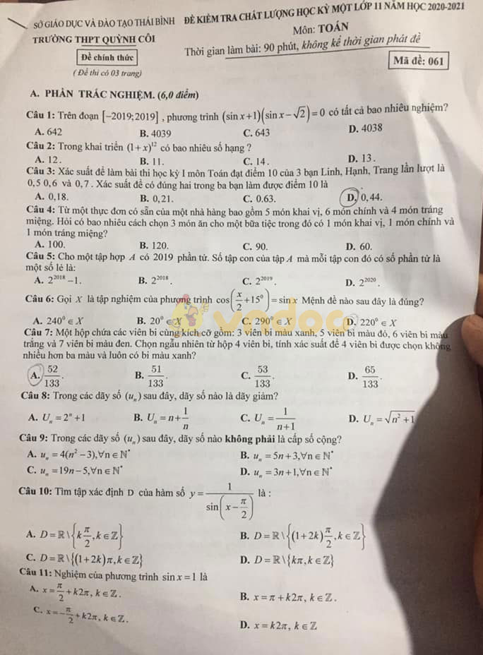 Đề thi học kì 1 Toán 11 Trường THPT Quỳnh Côi, Thái Bình năm 2020 - 2021