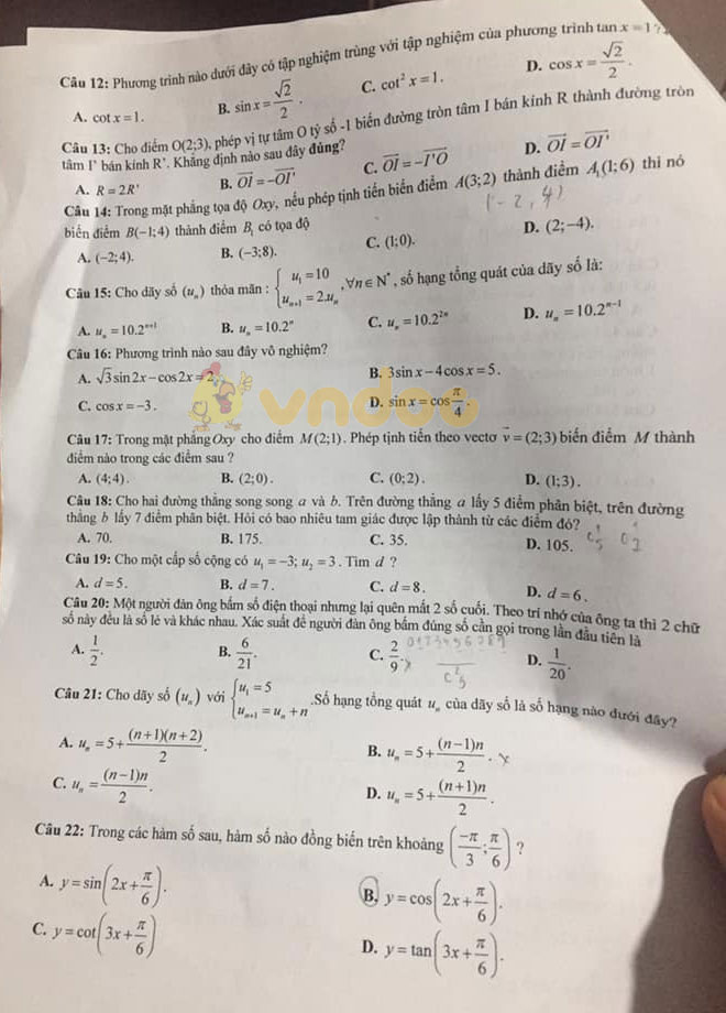 Đề thi học kì 1 Toán 11 Trường THPT Quỳnh Côi, Thái Bình năm 2020 - 2021