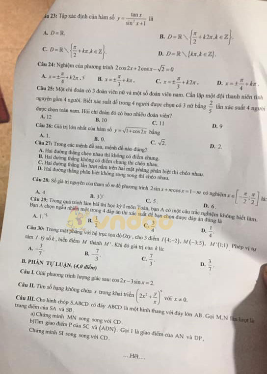 Đề thi học kì 1 Toán 11 Trường THPT Quỳnh Côi, Thái Bình năm 2020 - 2021