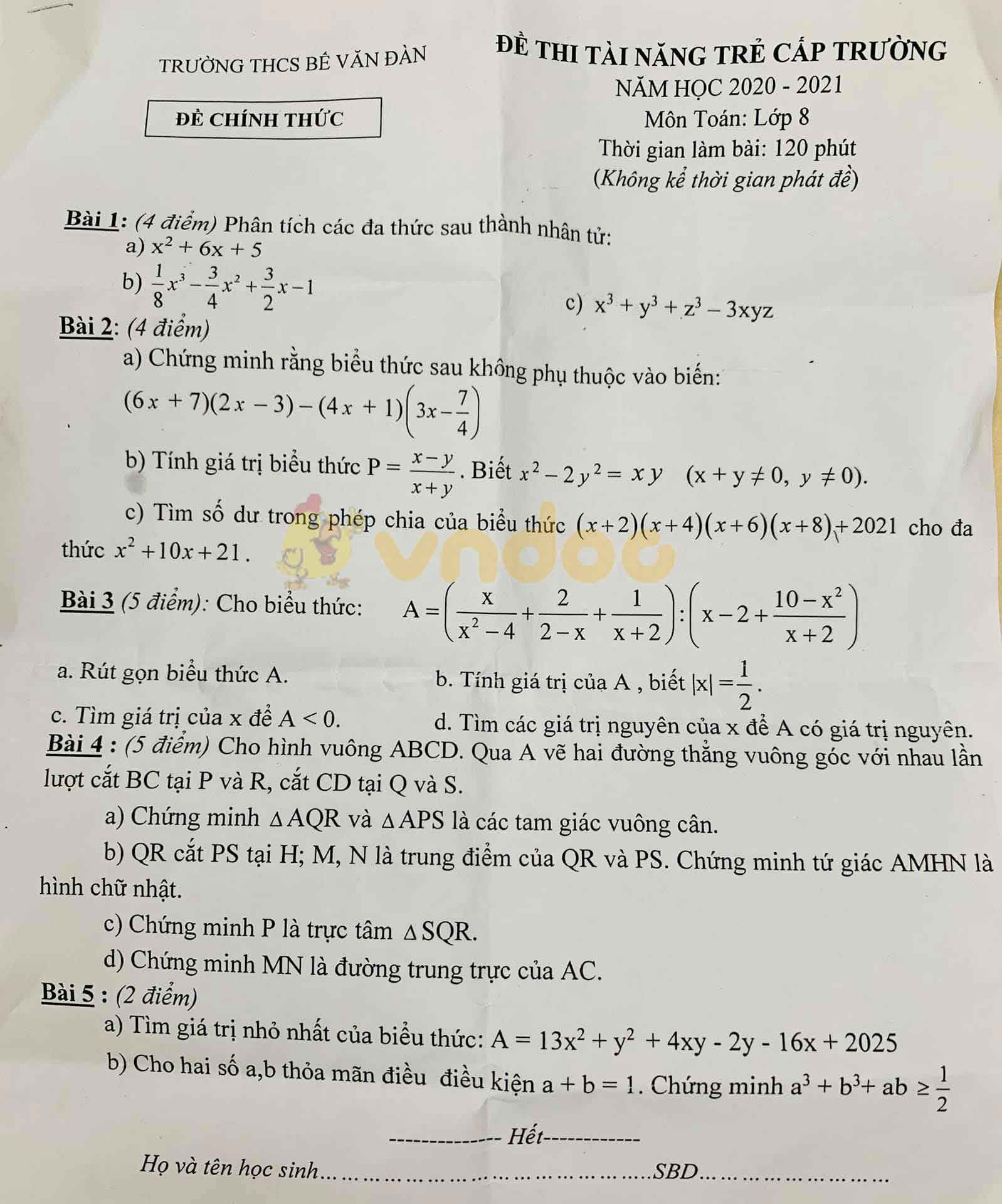 Đề thi học kì 1 Toán 8 Trường THCS Bế Văn Đàn năm 2020 - 2021
