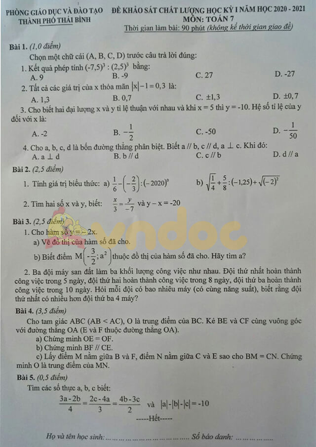 Đề thi học kì 1 lớp 7 môn Toán