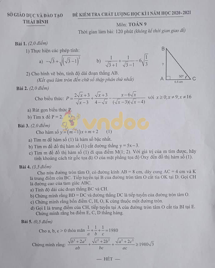 Đề thi học kì 1 Toán 9 Sở GD&ĐT Thái Bình năm 2020 - 2021
