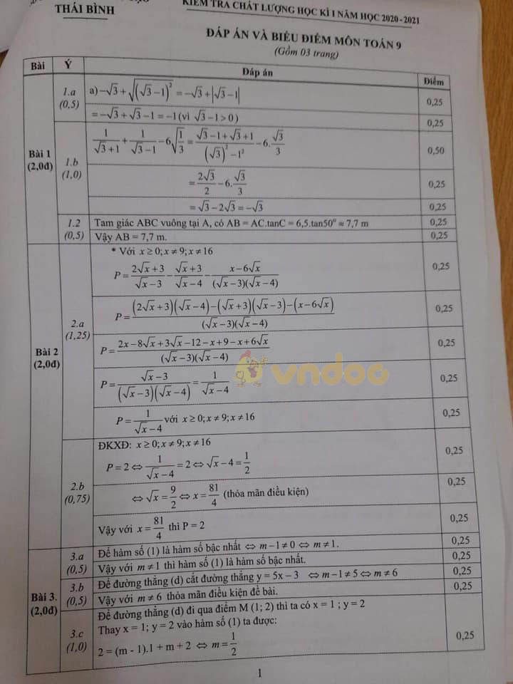 Đề thi học kì 1 Toán 9 Sở GD&ĐT Thái Bình năm 2020 - 2021