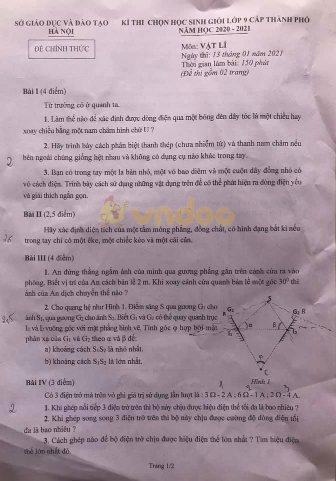 Đề thi chọn học sinh giỏi lớp 9 môn Vật lý cấp TP Sở GD&ĐT Hà Nội năm 2020 - 2021