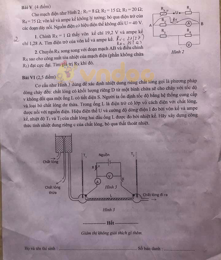 Đề thi chọn học sinh giỏi lớp 9 môn Vật lý cấp TP Sở GD&ĐT Hà Nội năm 2020 - 2021