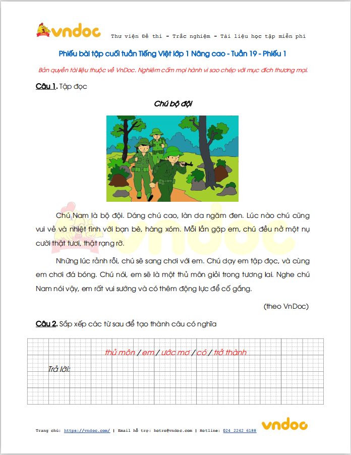 Phiếu bài tập cuối tuần Tiếng Việt lớp 1 Nâng cao - Tuần 20 - Đề 1