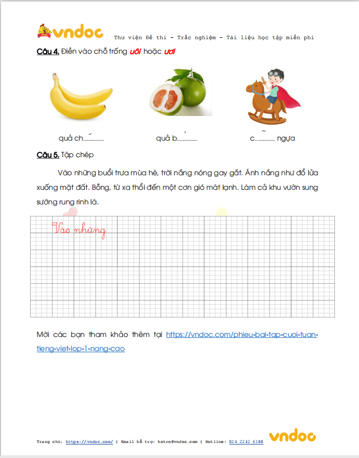 Phiếu bài tập cuối tuần Tiếng Việt lớp 1 Nâng cao - Tuần 20 - Đề 2