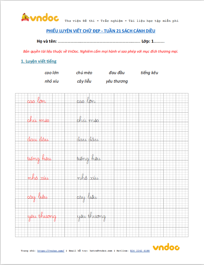 Phiếu luyện viết chữ đẹp Tuần 21 sách Cánh Diều