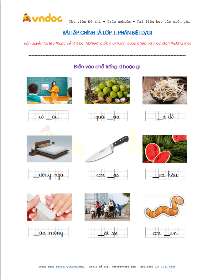 Bài tập chính tả điền d/gi lớp 1