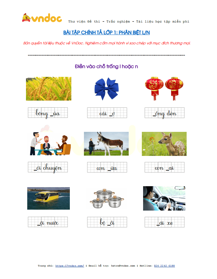 Bài tập chính tả: Điền l hoặc n lớp 1