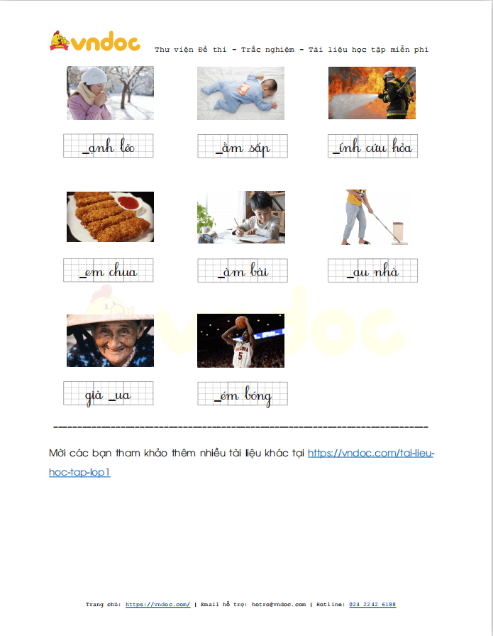 Bài tập chính tả: Điền l hoặc n lớp 1