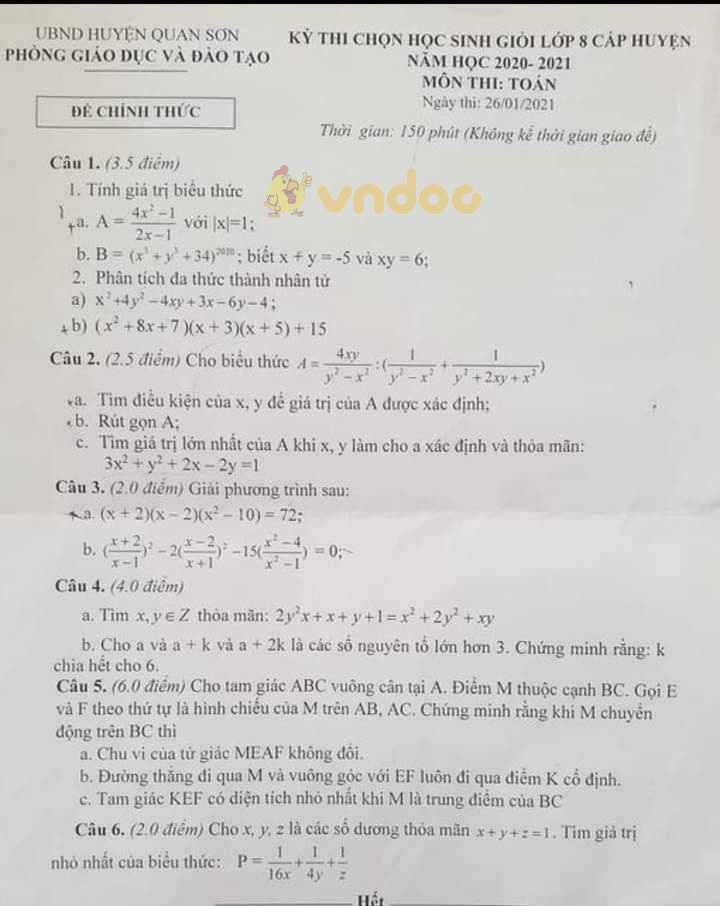 Đề thi học sinh giỏi lớp 8 môn Toán Phòng GD&ĐT Quan Sơn năm 2020 - 2021