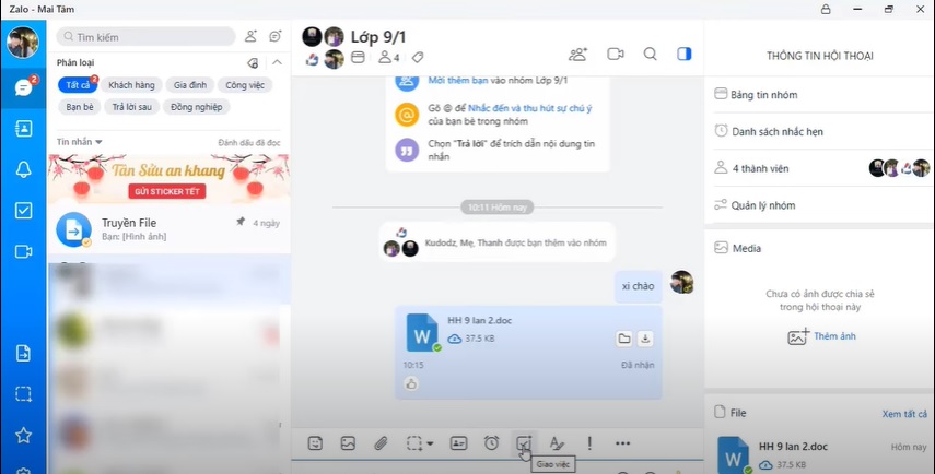 Cách giao bài từng học sinh khi dạy trực tuyến trên Zalo