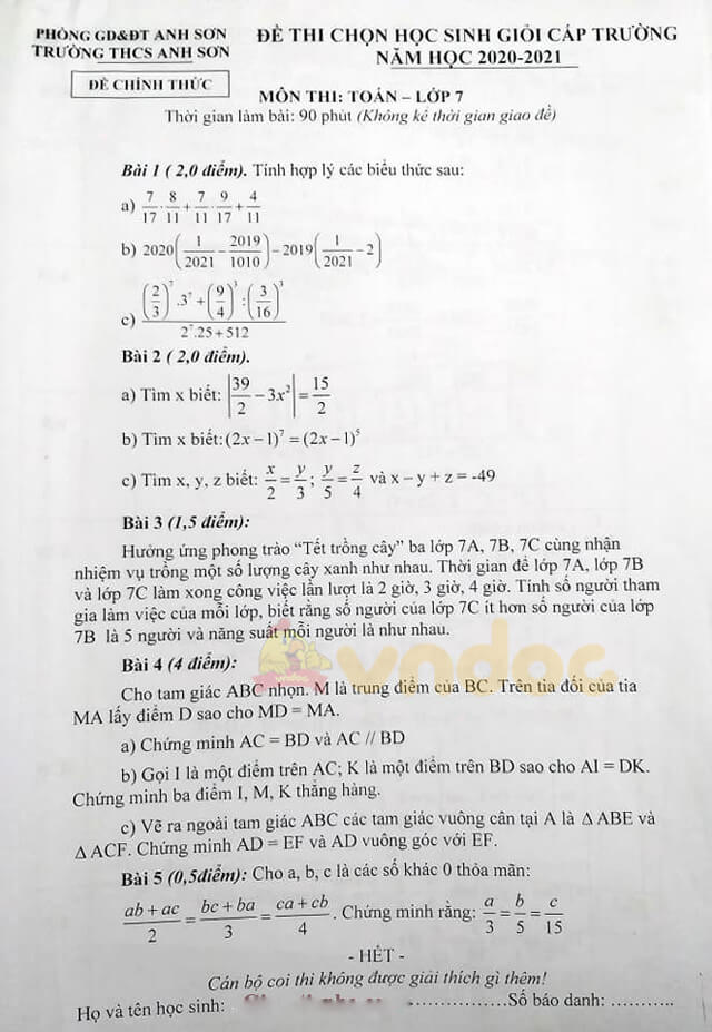 Đề thi hsg Toán 7