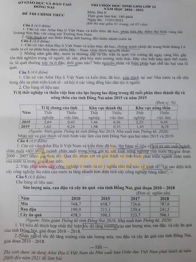 Đề thi hsg Địa 12 năm 2020 tỉnh Đồng Nai