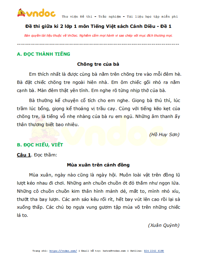 Đề thi giữa kì 2 lớp 1 môn Tiếng Việt năm 2021 sách Cánh Diều - Đề 1