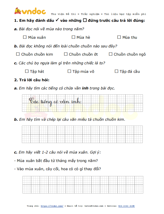 Đề thi giữa kì 2 lớp 1 môn Tiếng Việt năm 2021 sách Cánh Diều - Đề 1
