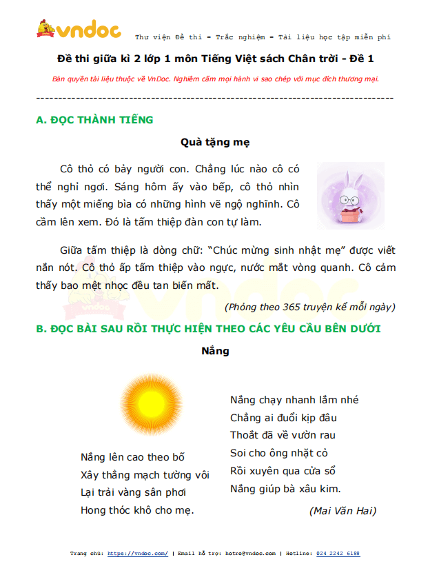 Đề thi giữa kì 2 lớp 1 môn Tiếng Việt năm 2021 sách Chân trời - Đề 1