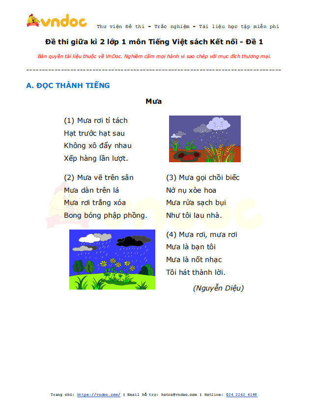 Đề thi giữa kì 2 lớp 1 môn Tiếng Việt năm 2021 sách Kết nối - Đề 1