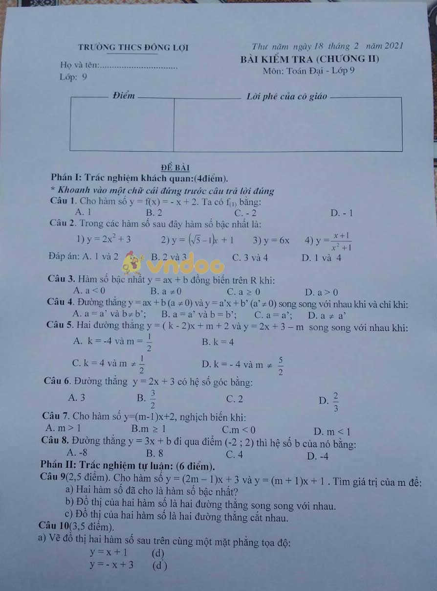 Đề kiểm tra chương 3 lớp 8 môn Toán năm 2020 - 2021