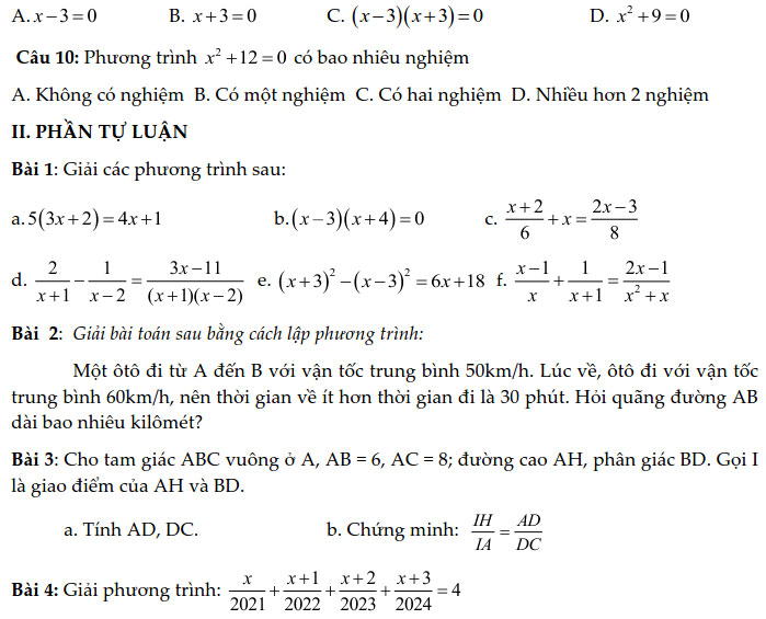Đề thi giữa học kì 2 lớp 8 môn Toán năm 2020 - 2021