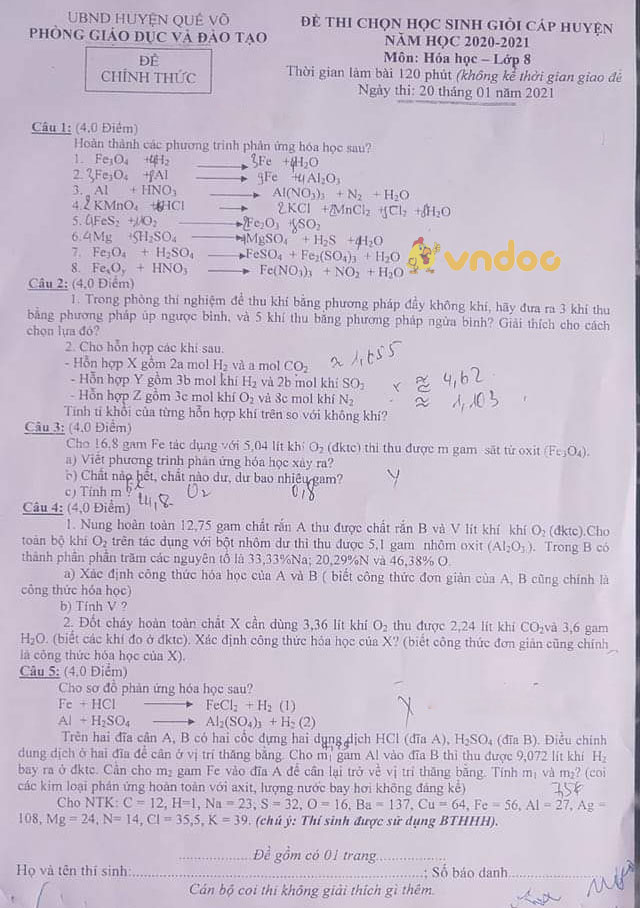 Đề thi học sinh giỏi lớp 8 môn Hóa học Phòng GD&ĐT huyện Quế Võ năm 2020 - 2021