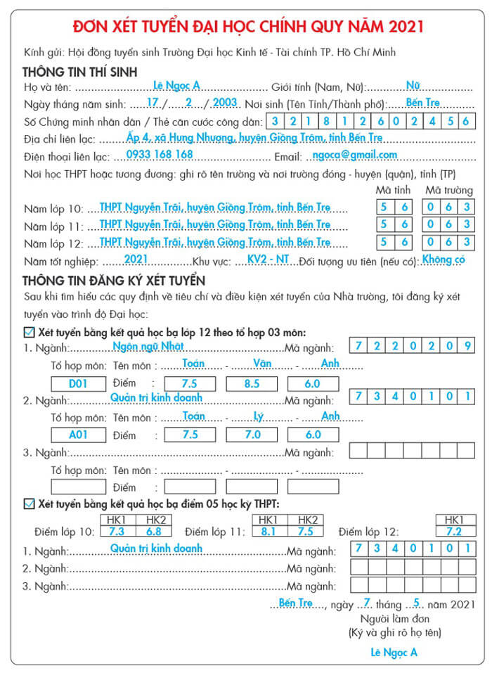 Đơn mẫu xét học bạ 2021