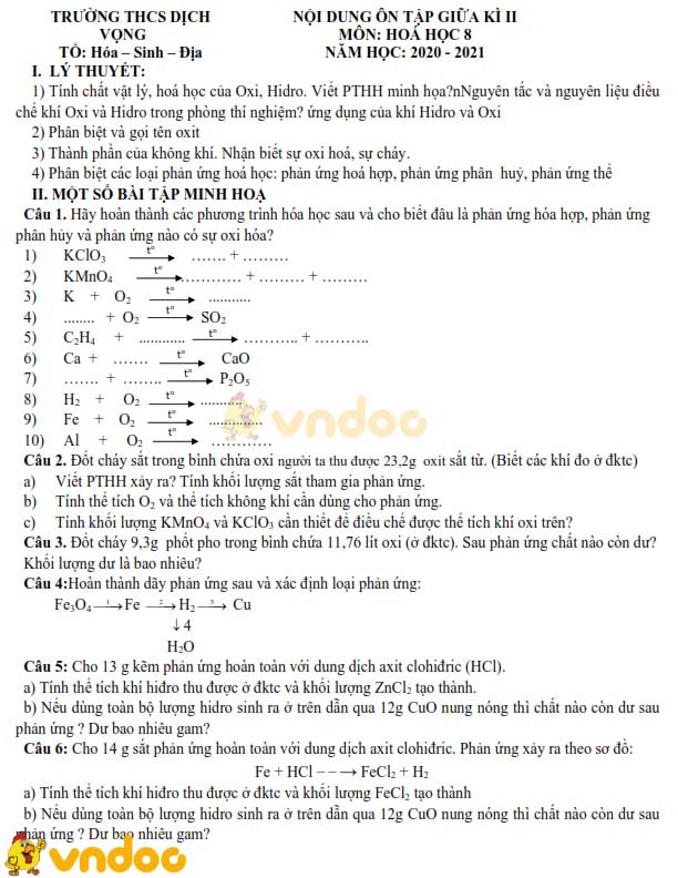 Đề cương ôn tập giữa học kì 2 Hóa học lớp 8 trường THCS Dịch Vọng năm 2020 - 2021