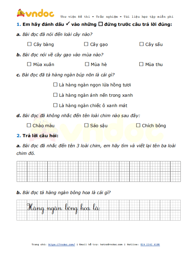 Đề thi giữa kì 2 lớp 1 môn Tiếng Việt năm 2021 sách Cánh Diều - Đề 1
