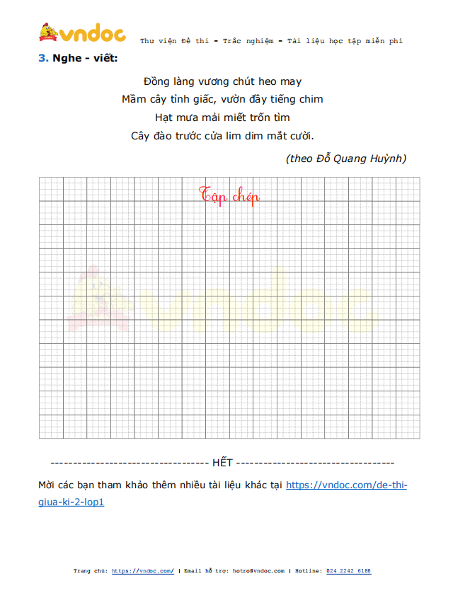Đề thi giữa kì 2 lớp 1 môn Tiếng Việt năm 2021 sách Kết nối - Đề 2