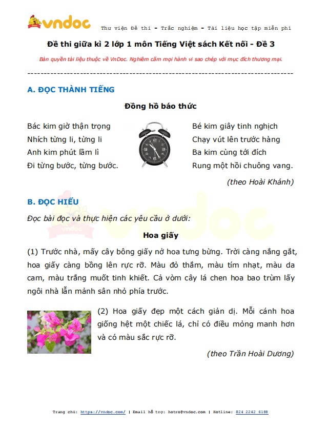 Đề thi giữa kì 2 lớp 1 môn Tiếng Việt năm 2021 sách Kết nối - Đề 2